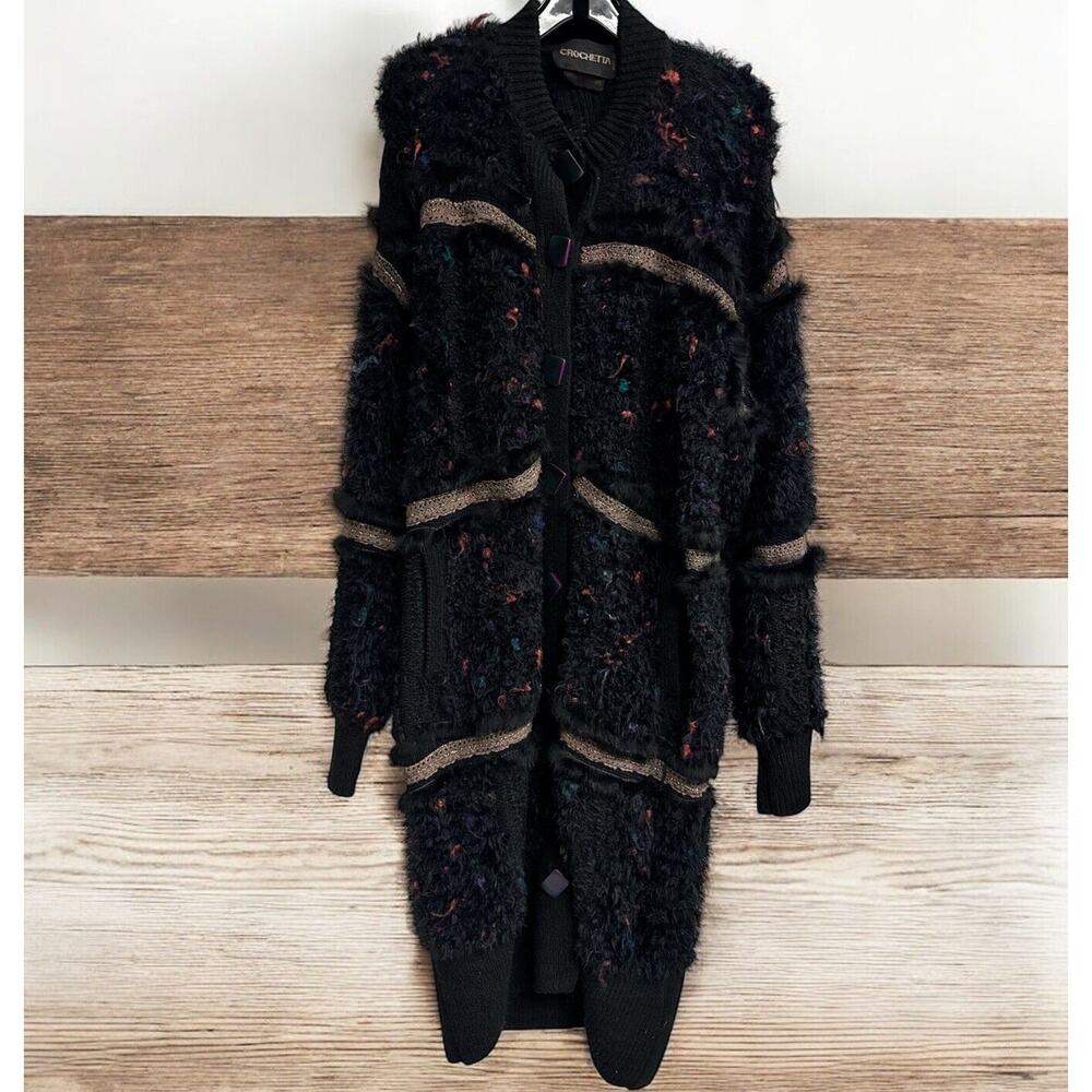 Vintage Crochetta Sweater Women’s M/L Cardigan Black Multi‎ Yarn Long ENGLAND
